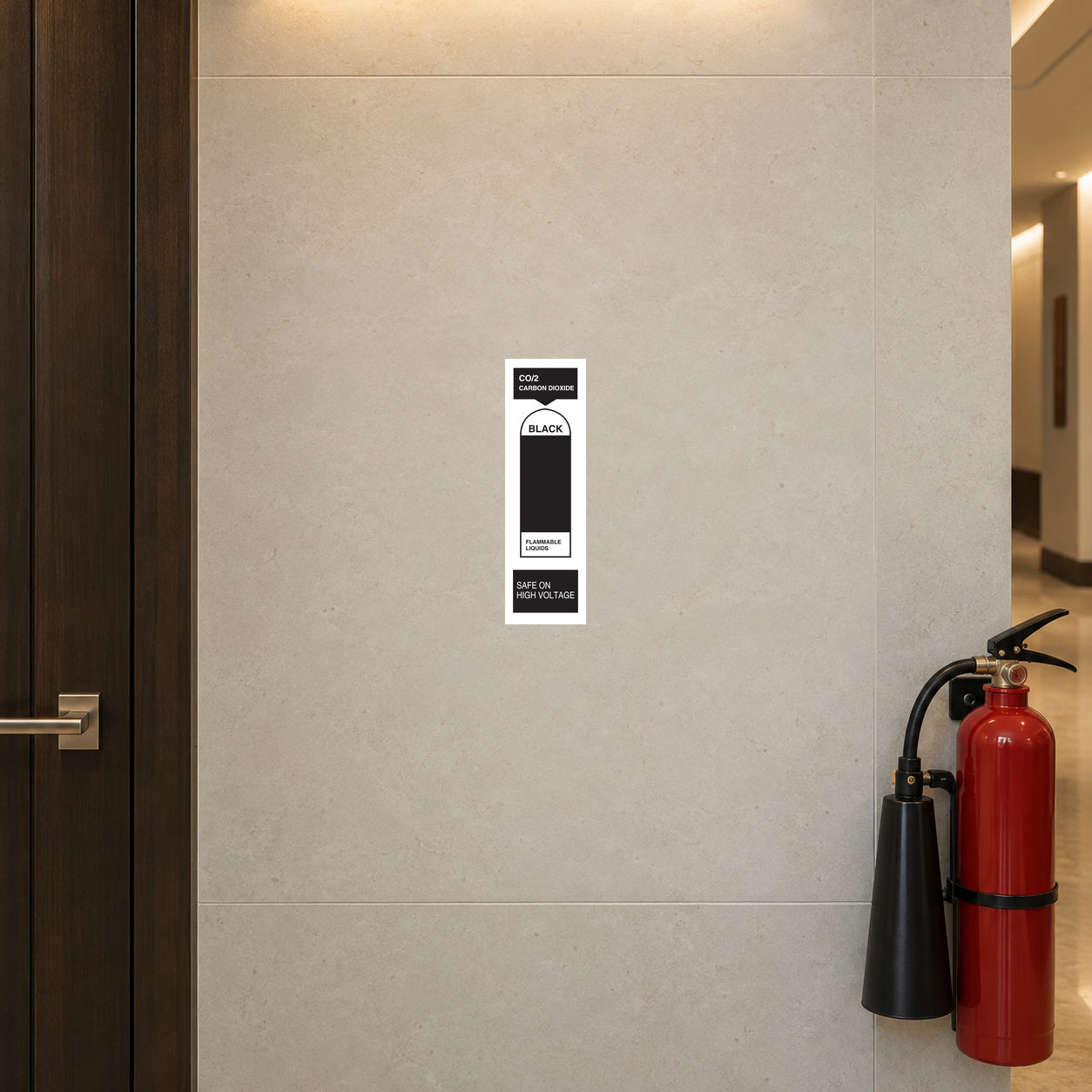 CO2 Carbon Dioxide fire extinguisher identification sticker at an office fire point