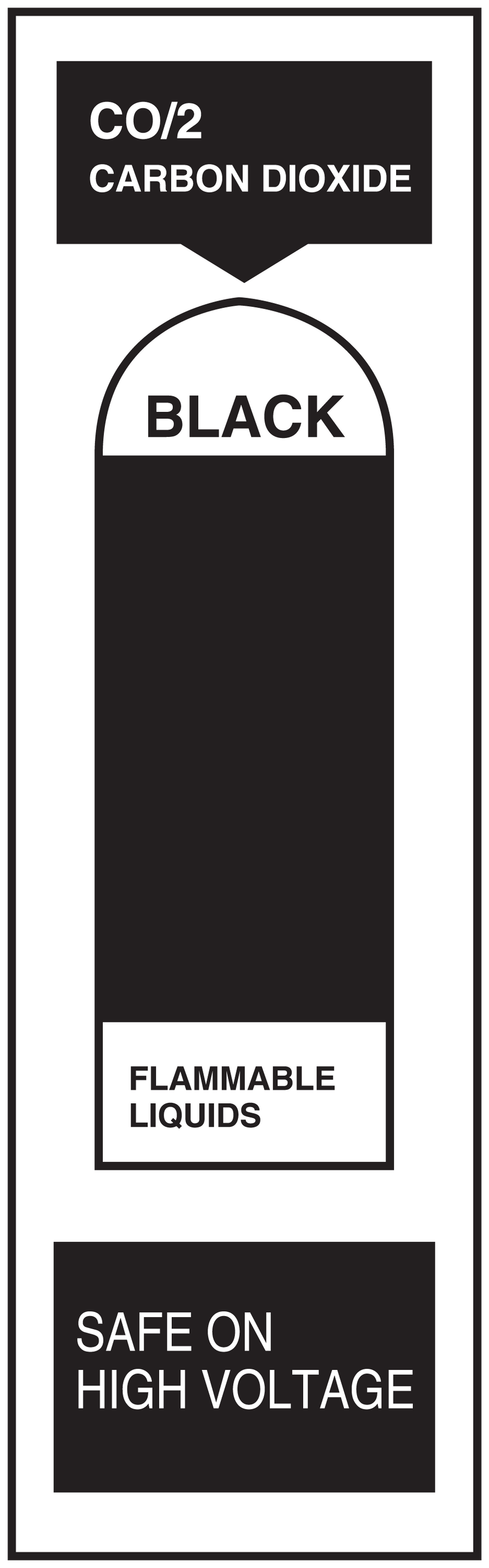 Carbon dioxide level warning sticker with CO/2, black, flammable liquids, high voltage text