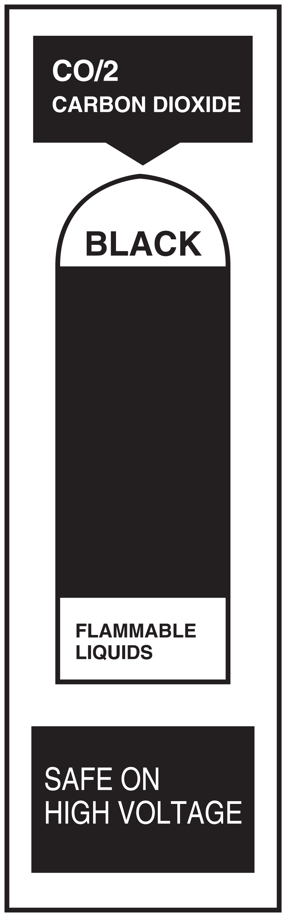 Carbon dioxide level warning sticker with CO/2, black, flammable liquids, high voltage text