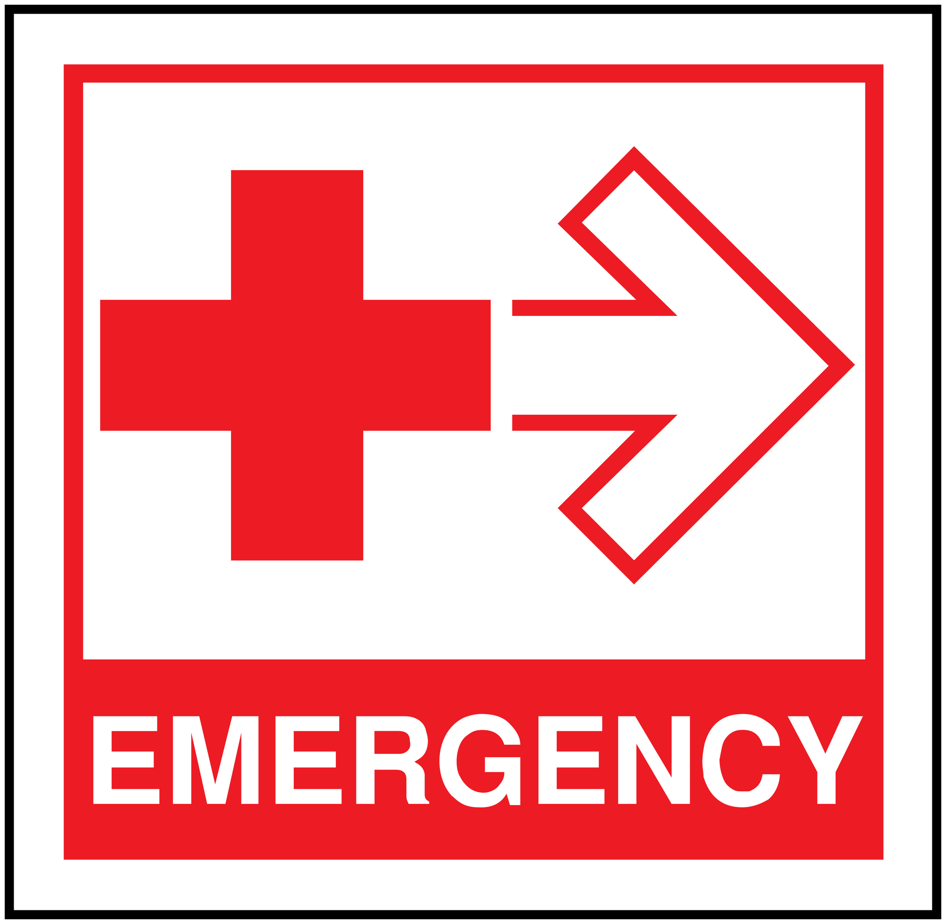 Medical emergency sticker with red cross, right arrow, and bold red 'EMERGENCY' text