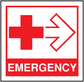 Medical emergency sticker with red cross, right arrow, and bold red 'EMERGENCY' text