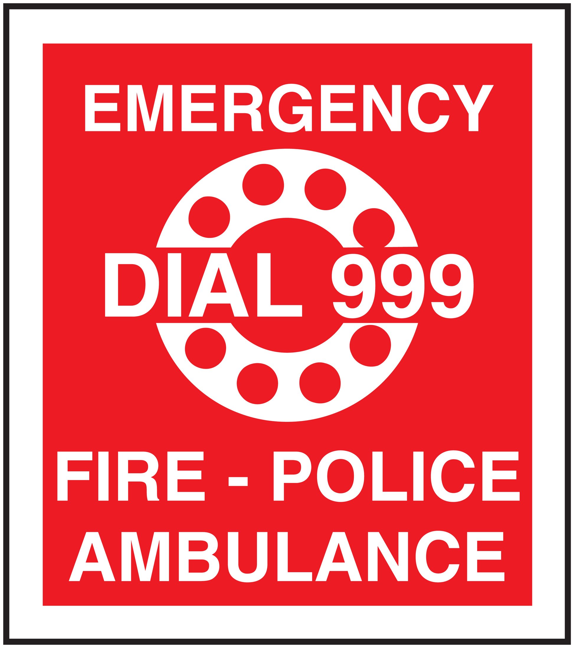 Emergency Dial 999 sticker with red background, white text and circular alarm icon