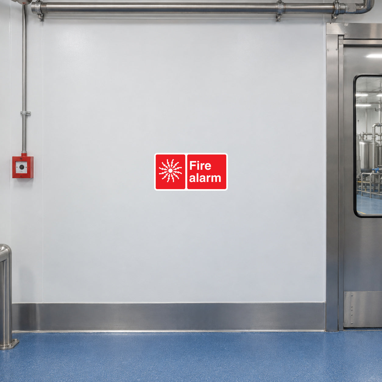 Fire alarm safety sign sticker with red icon and 'Fire alarm' text on white