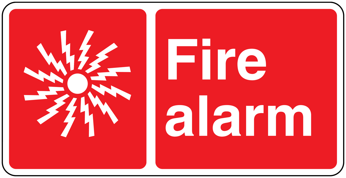 Red fire alarm safety sign sticker with fire alarm text and warning burst icon