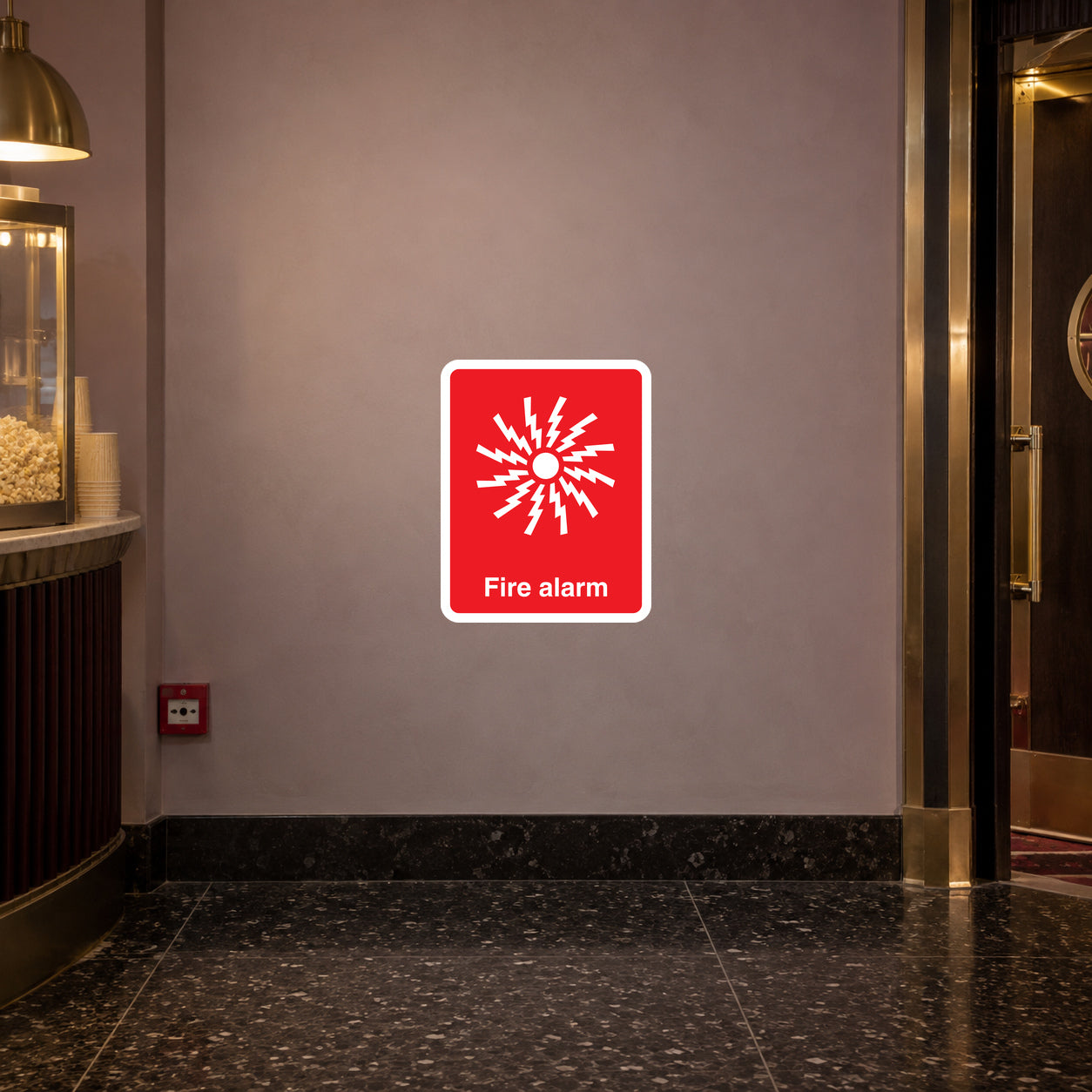Red square fire alarm sticker with white border and alarm bell icon