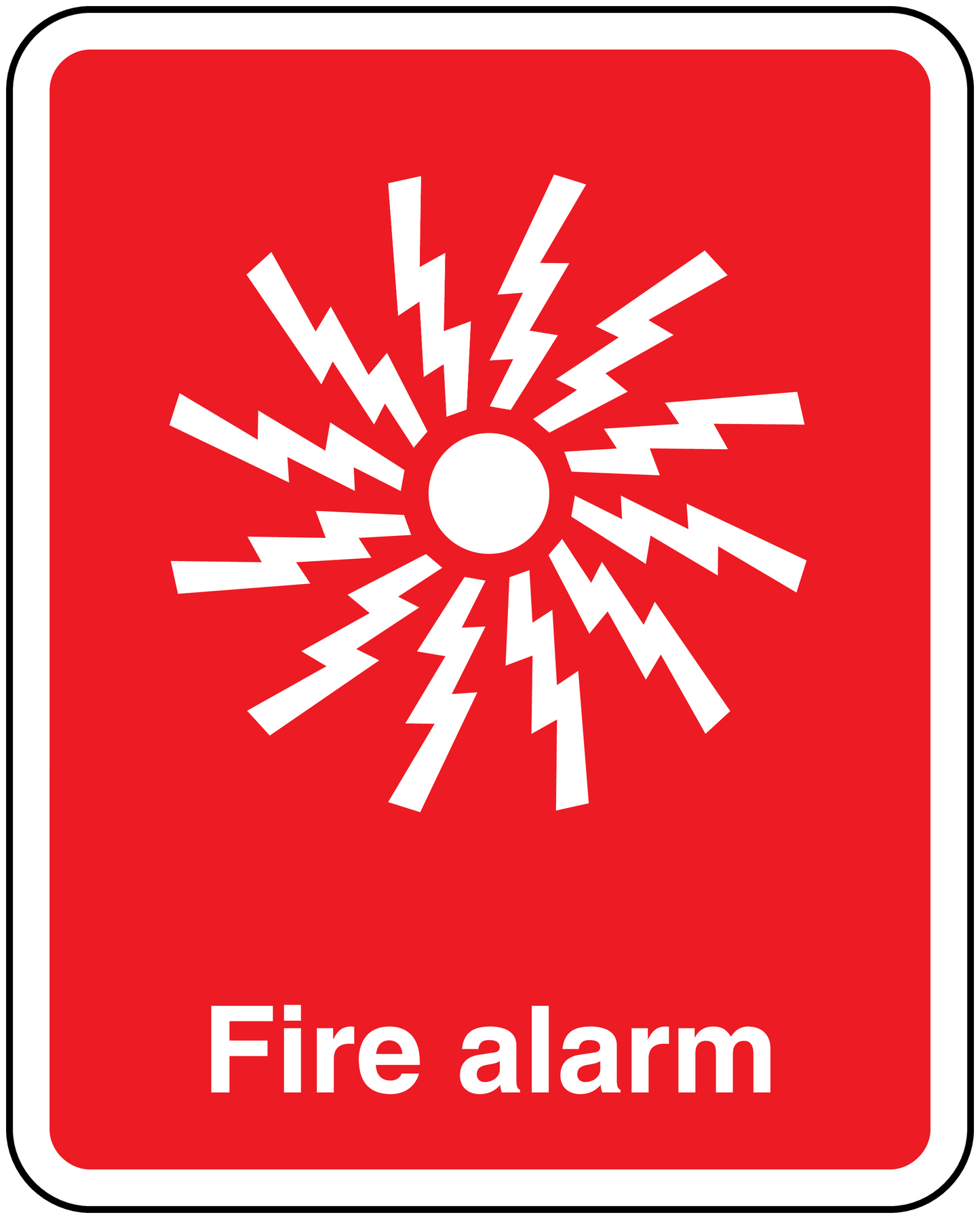 Red fire alarm sticker with white lightning icon and Fire alarm text