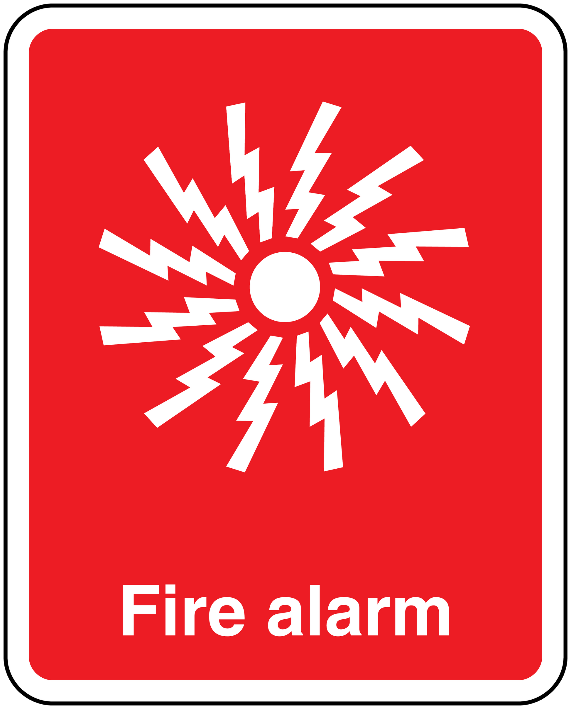 Red fire alarm sticker with white lightning icon and Fire alarm text