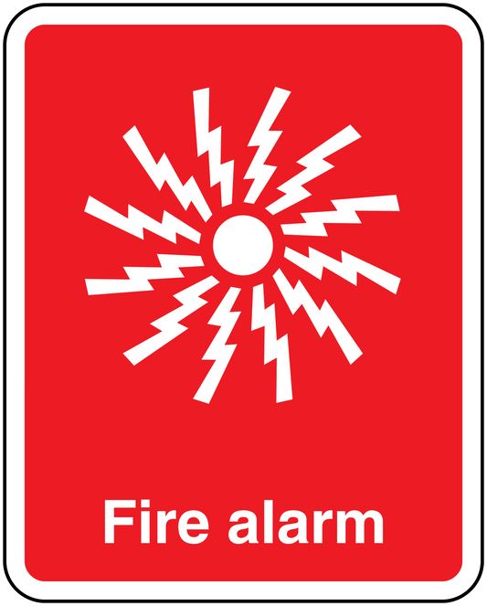 Red fire alarm sticker with white lightning icon and Fire alarm text