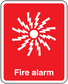 Red fire alarm sticker with white lightning icon and Fire alarm text
