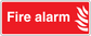 Red rectangle fire alarm sticker with white text and flame icon, white border