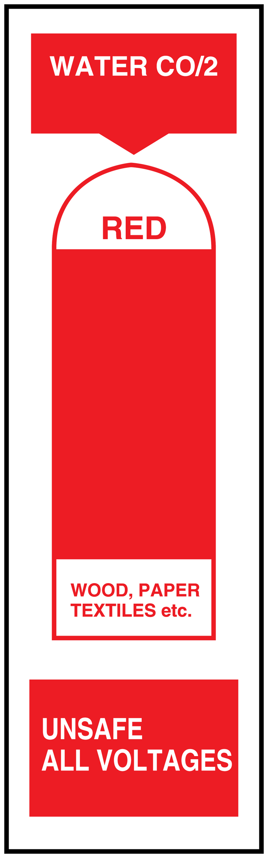 Electrical safety warning sticker: WATER CO/2, RED, 'UNSAFE ALL VOLTAGES'.