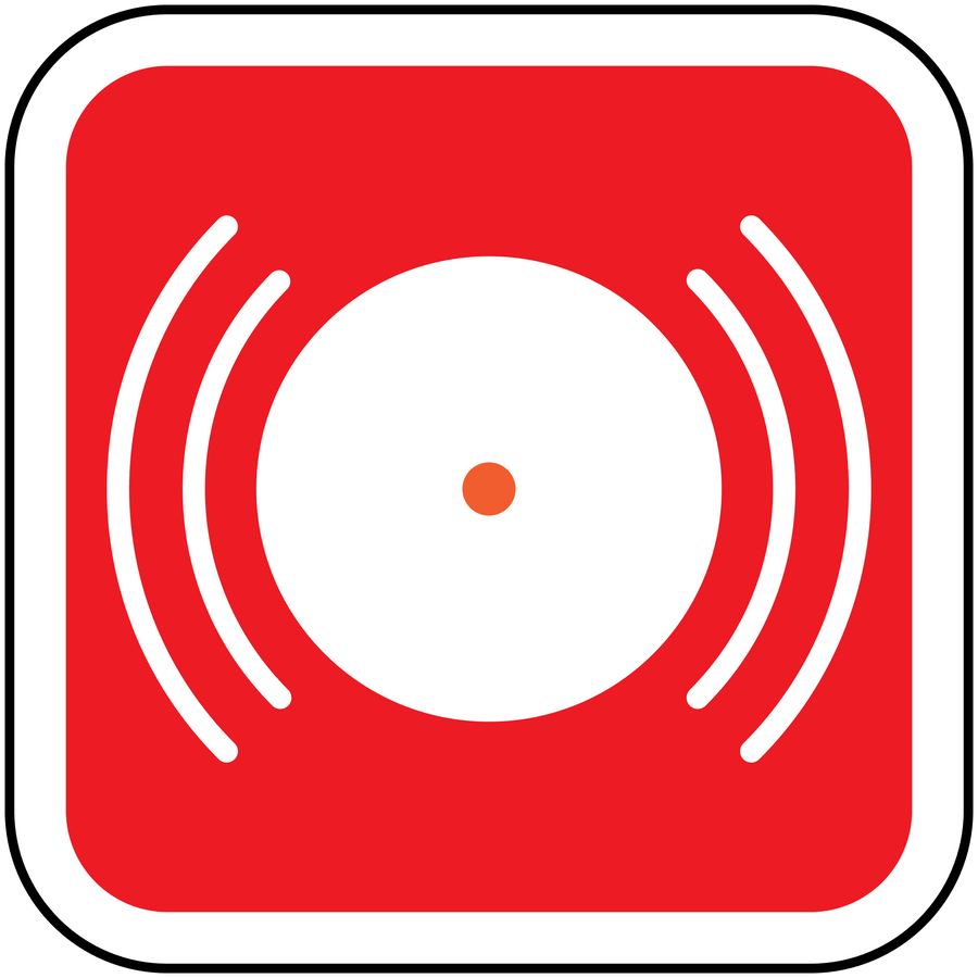 Red fire alarm sticker with white sound-wave icon