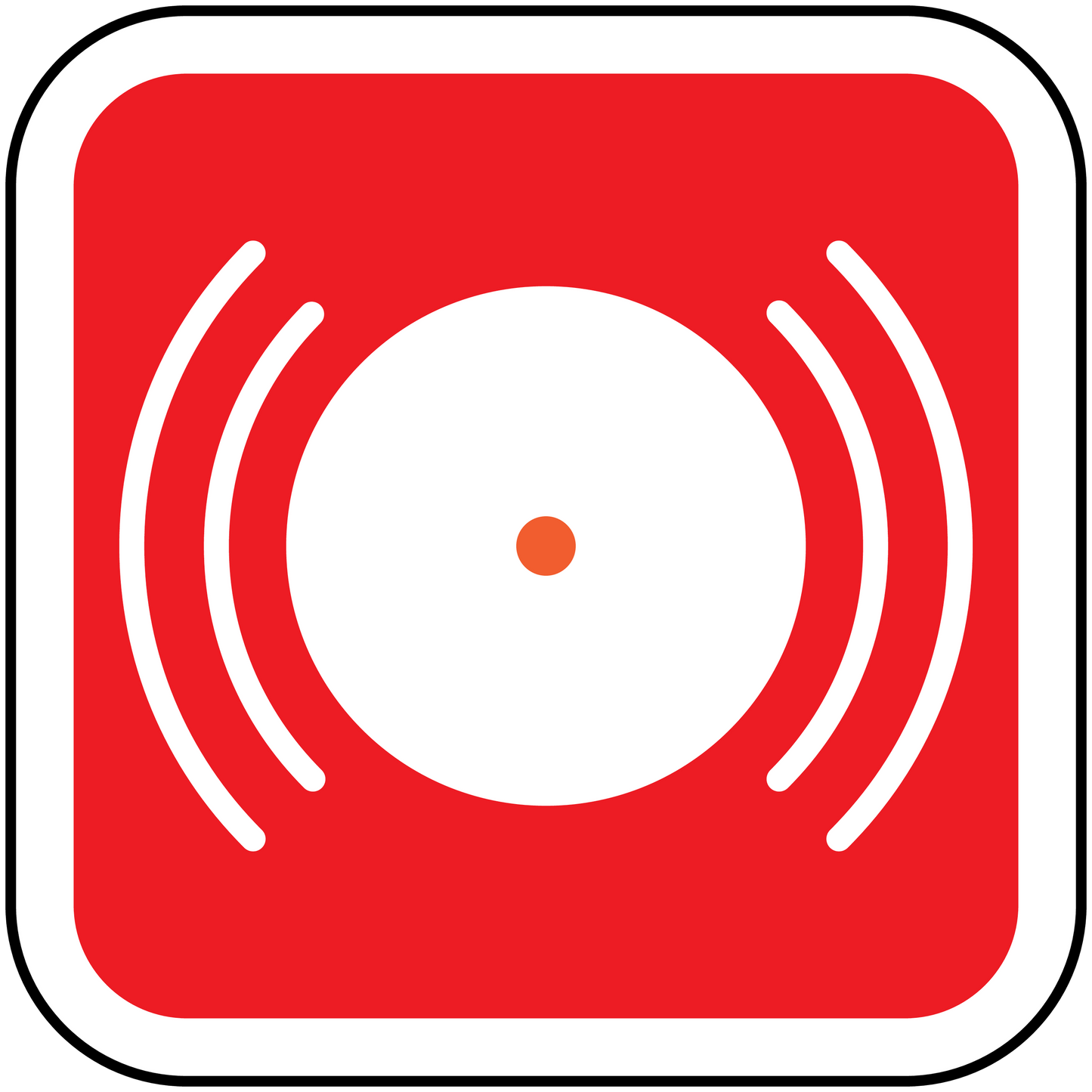 Red fire alarm sticker with white sound-wave icon