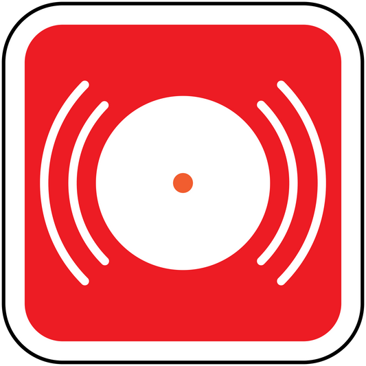 Red fire alarm sticker with white sound-wave icon