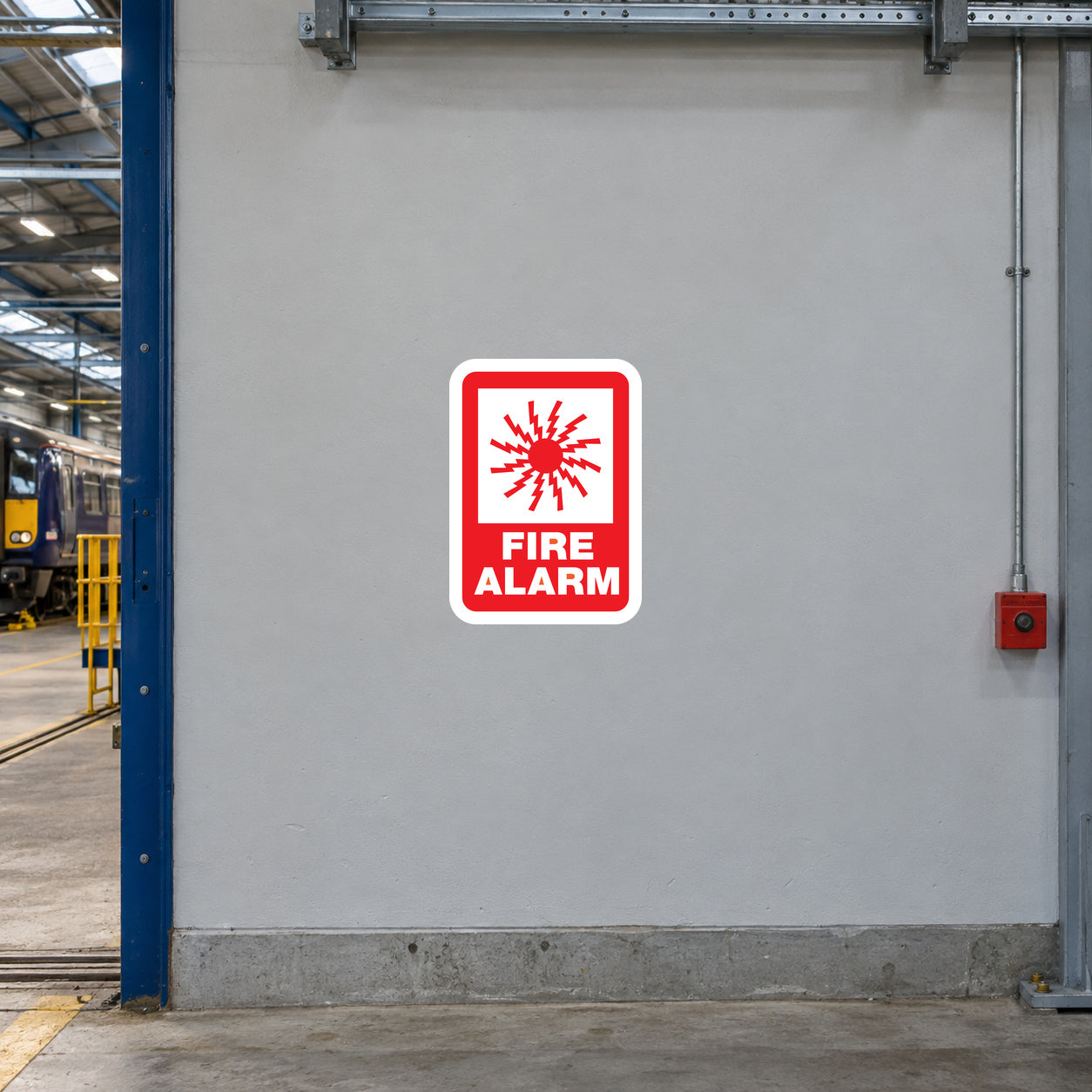 Fire alarm safety sticker with red burst icon and FIRE ALARM text
