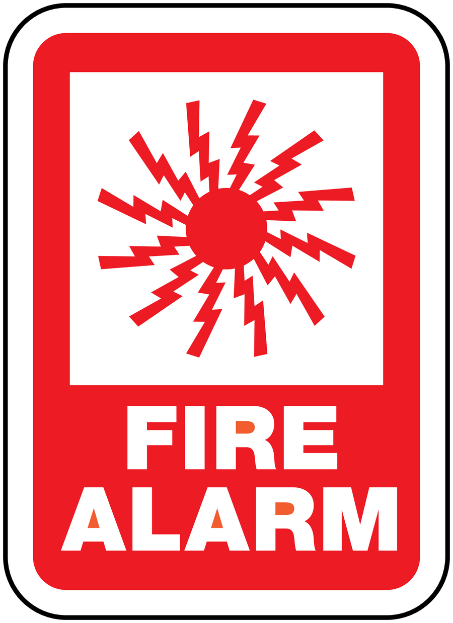 Fire alarm safety sticker with red border, lightning symbol, and FIRE ALARM text
