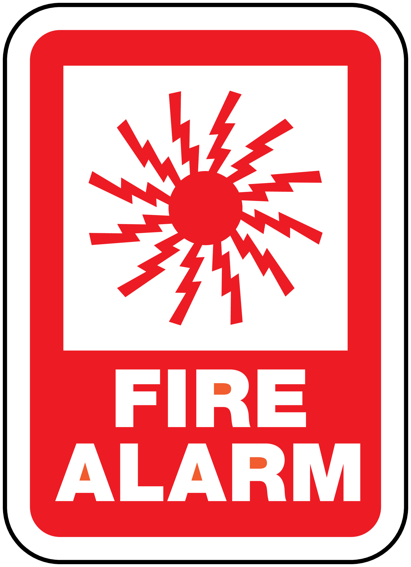 Fire alarm safety sticker with red border, lightning symbol, and FIRE ALARM text
