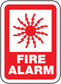 Fire alarm safety sticker with red border, lightning symbol, and FIRE ALARM text