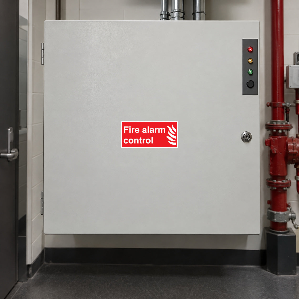 Fire alarm control sticker on white fire alarm control panel