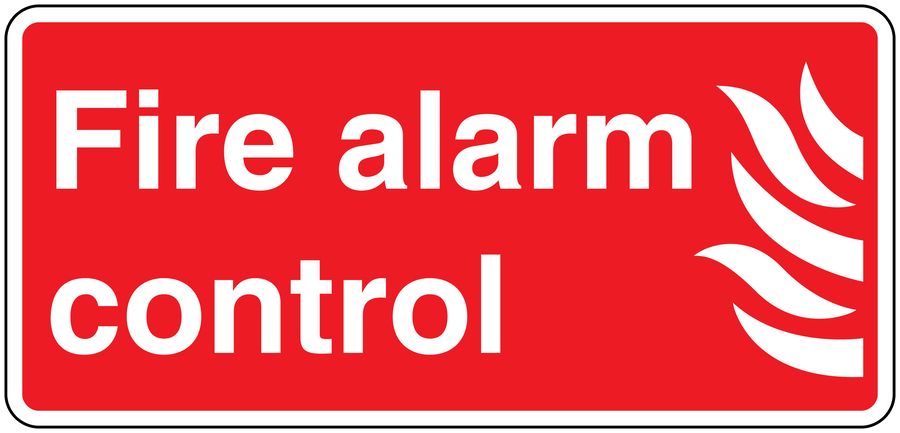 Fire alarm control sticker, red with white text and flame icon, white border