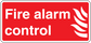 Fire alarm control sticker, red with white text and flame icon, white border