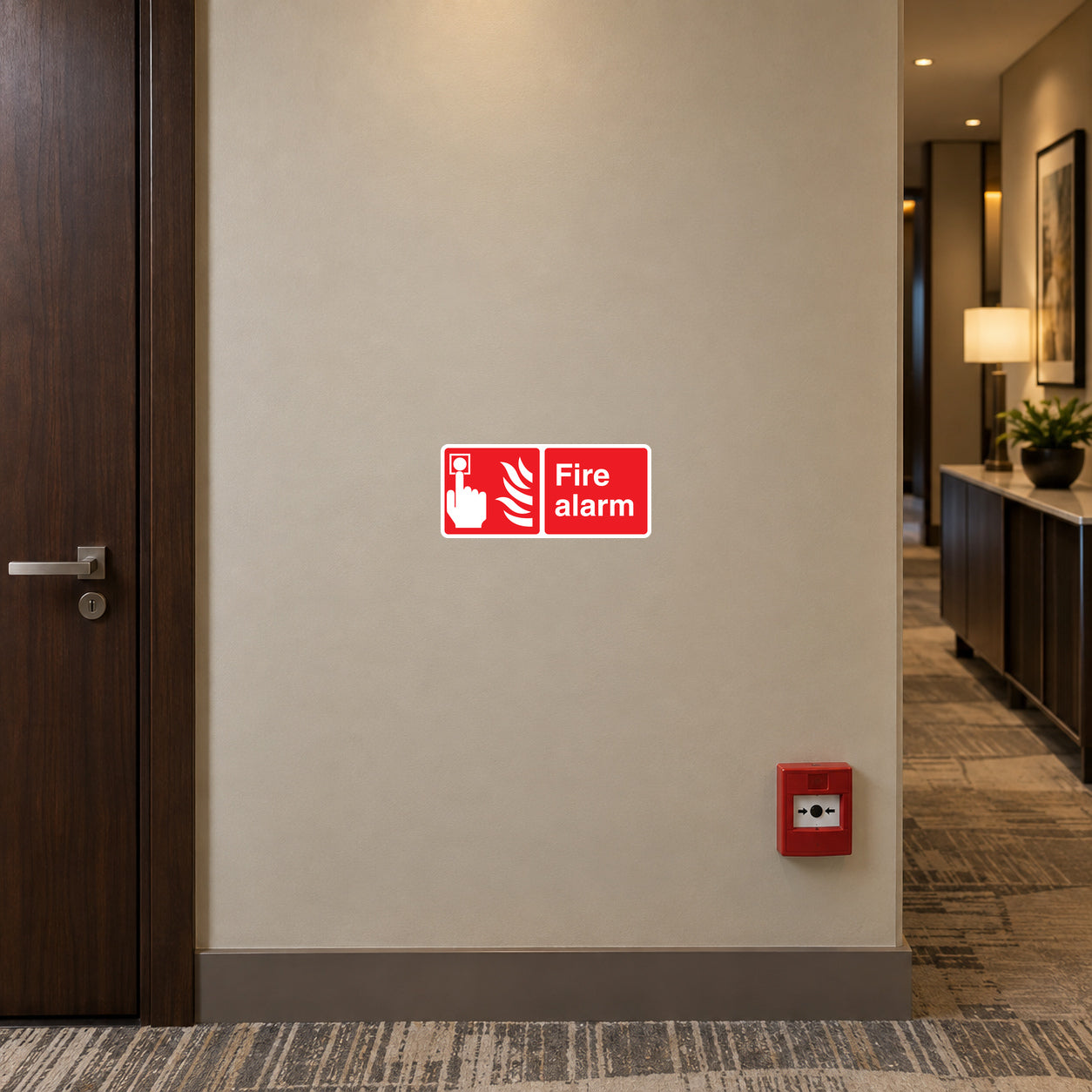 Red fire alarm button sticker with white alarm icon and 'Fire alarm' text