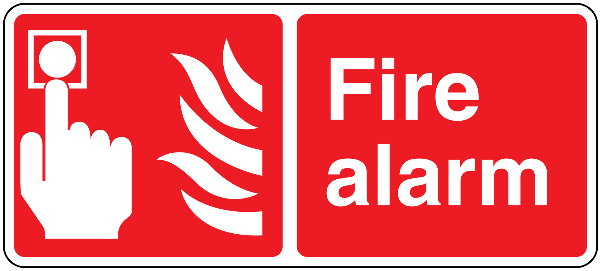 Red fire alarm button sticker with white hand icon and “Fire alarm” text