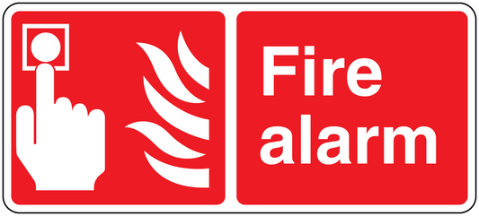 Red fire alarm button sticker with white hand icon and “Fire alarm” text