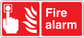 Red fire alarm button sticker with white hand icon and “Fire alarm” text