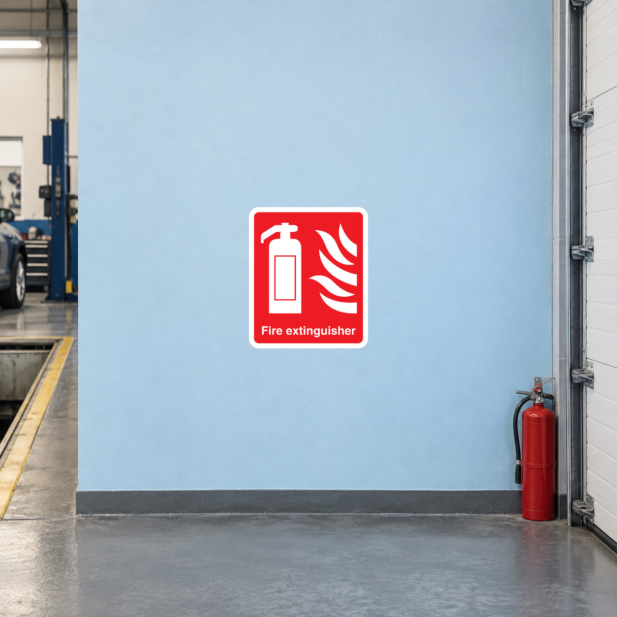 Red fire extinguisher sticker with white extinguisher icon and flames