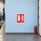 Red fire extinguisher sticker with white extinguisher icon and flames
