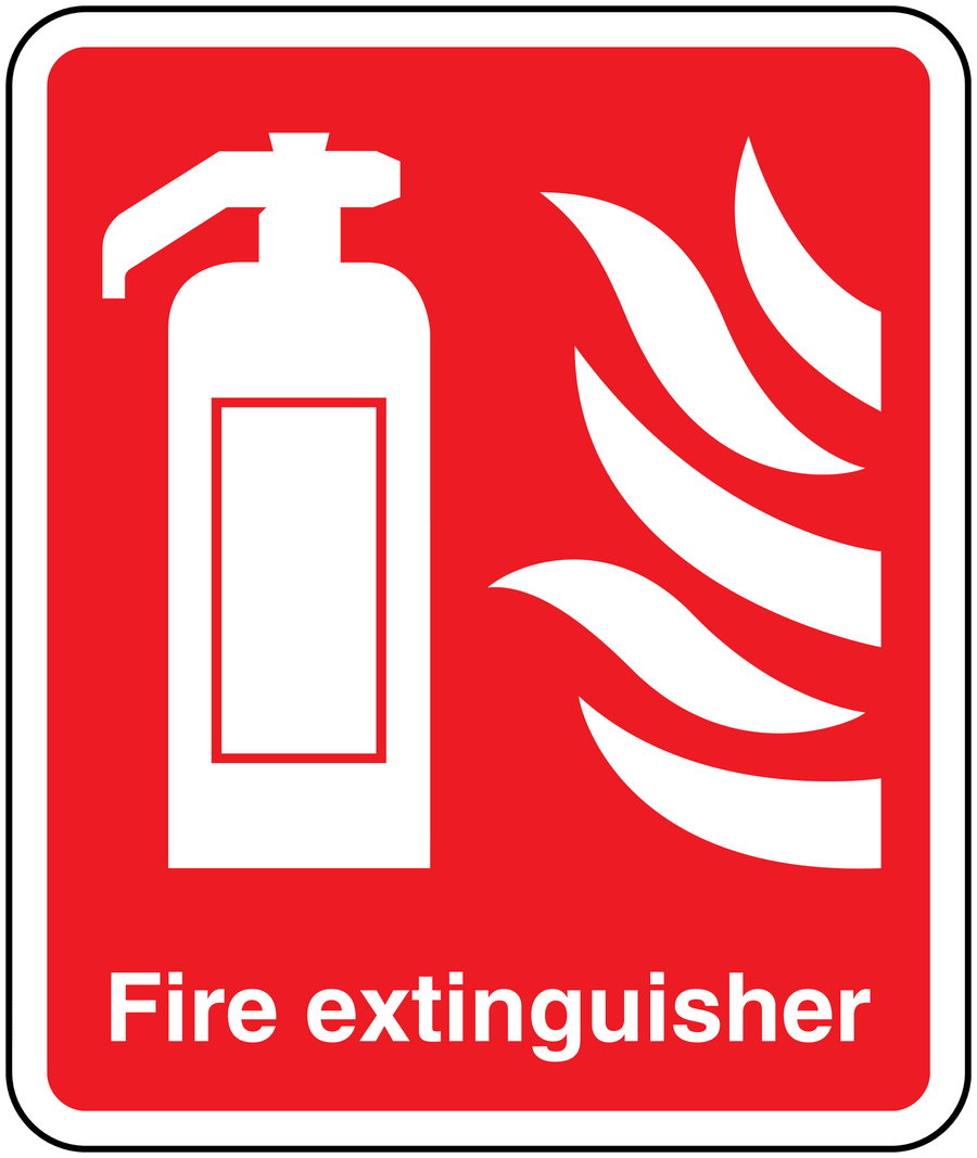 Fire extinguisher sticker with red border, extinguisher icon and flame hazard symbol