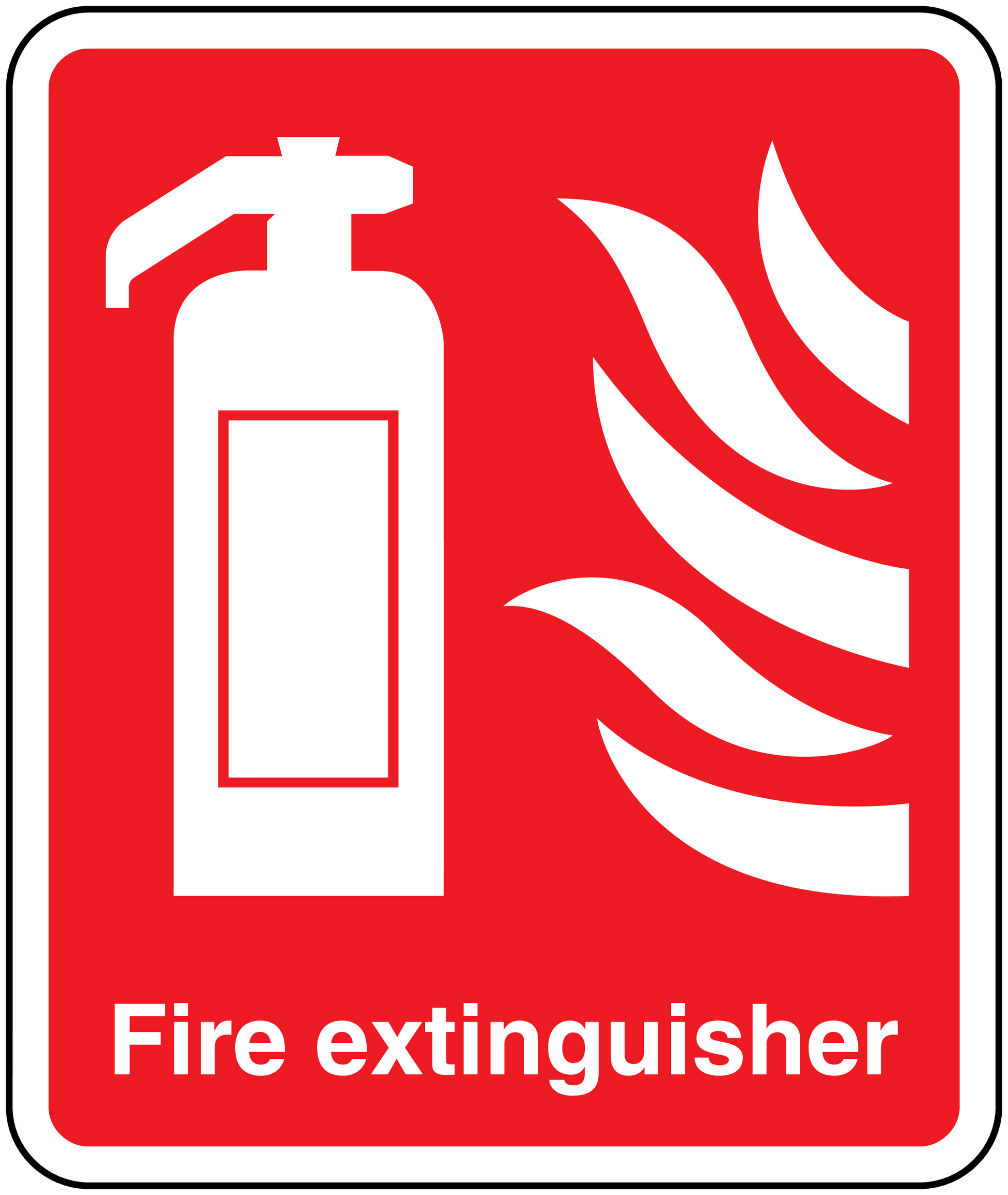 Fire extinguisher sticker with red border, extinguisher icon and flame hazard symbol