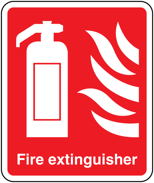 Fire extinguisher sticker with red border, extinguisher icon and flame hazard symbol