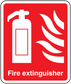 Fire extinguisher sticker with red border, extinguisher icon and flame hazard symbol