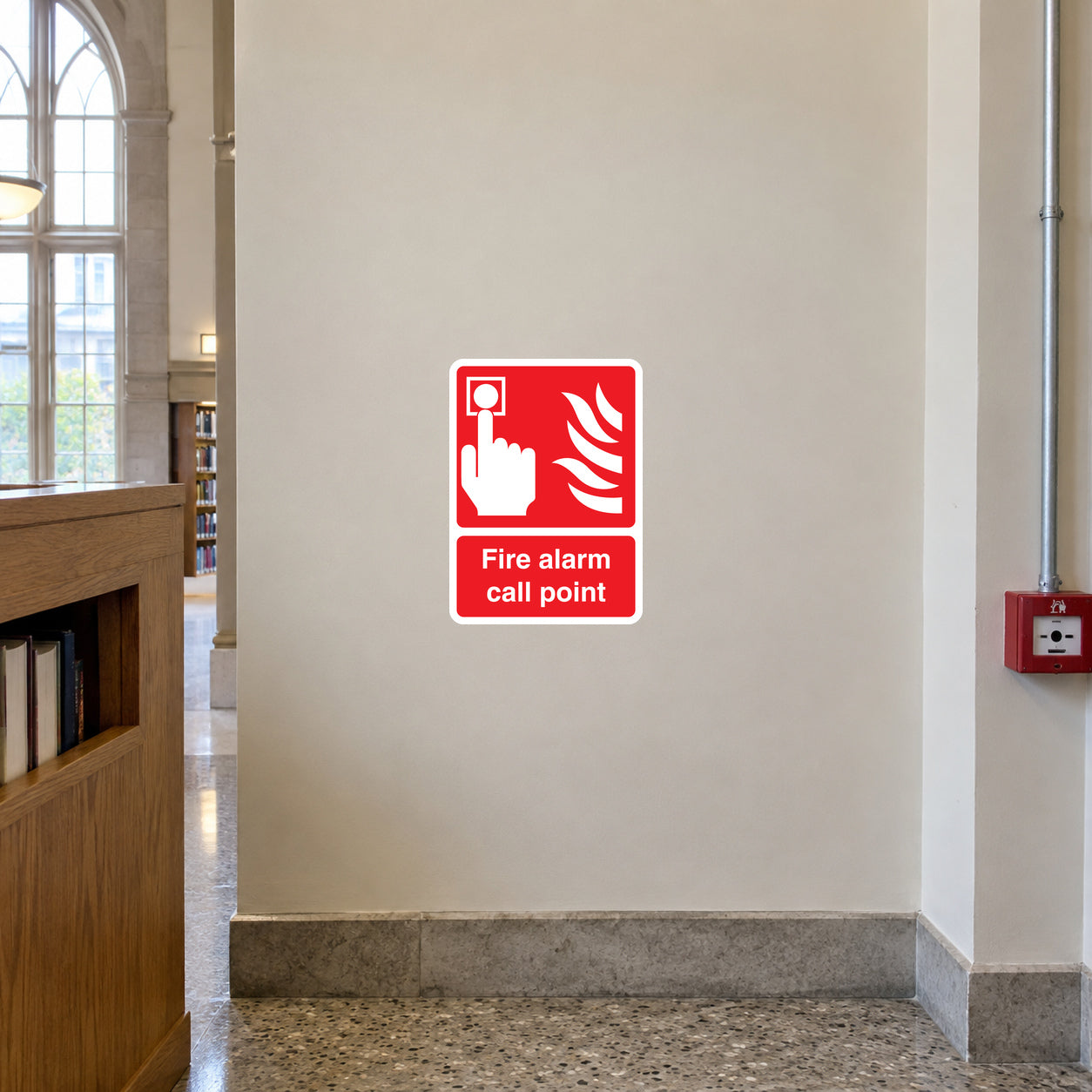 Fire alarm call point sticker, red square sign with white call point icon and text