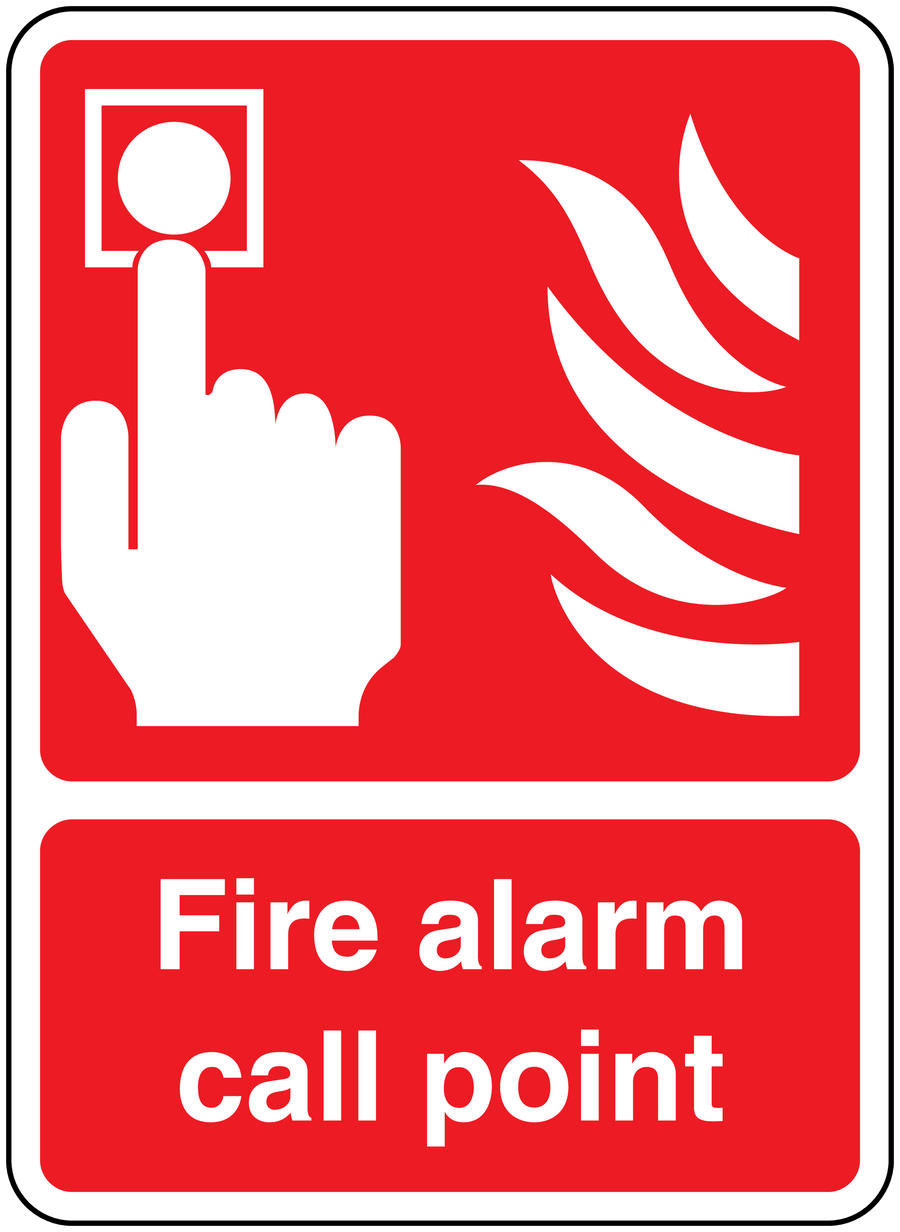 Red fire alarm call point sticker with hand icon and flame symbol