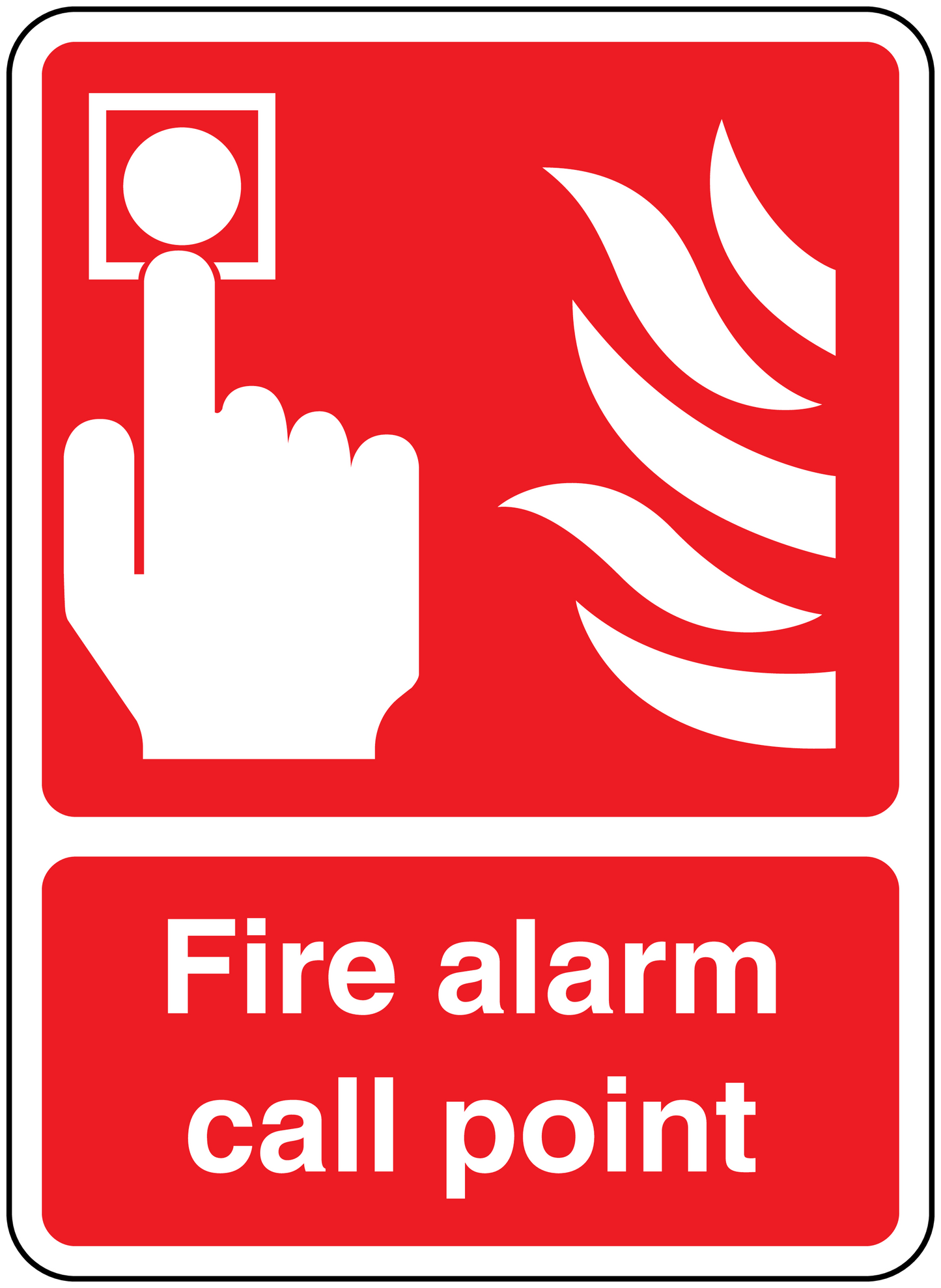 Red fire alarm call point sticker with hand icon and flame symbol