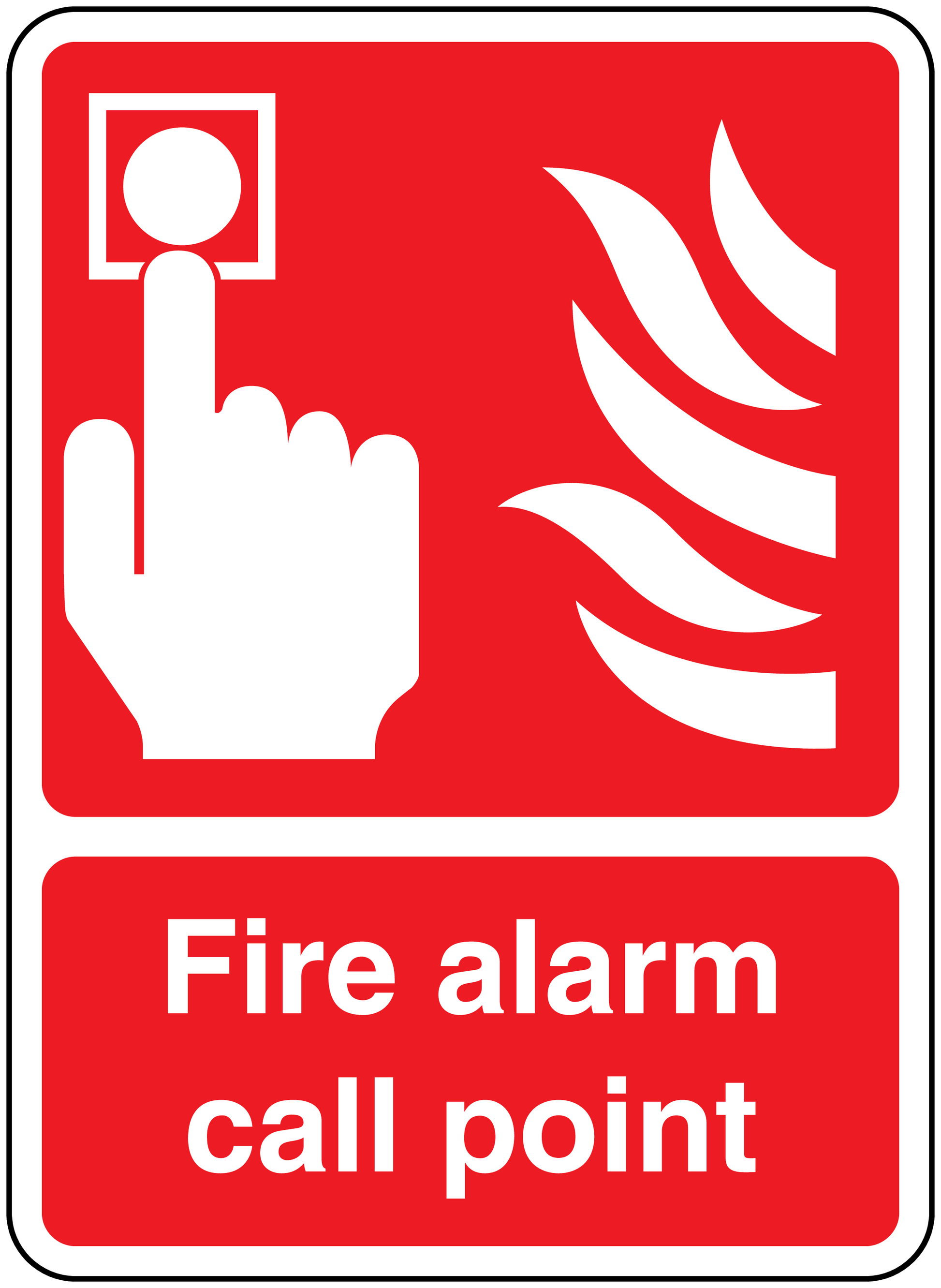 Red fire alarm call point sticker with hand icon and flame symbol