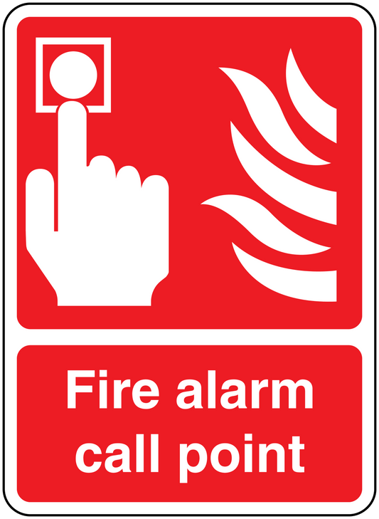 Red fire alarm call point sticker with hand icon and flame symbol