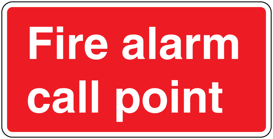 Rectangle fire alarm call point sticker, red background with white warning text