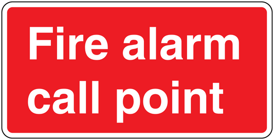 Rectangle fire alarm call point sticker, red background with white warning text