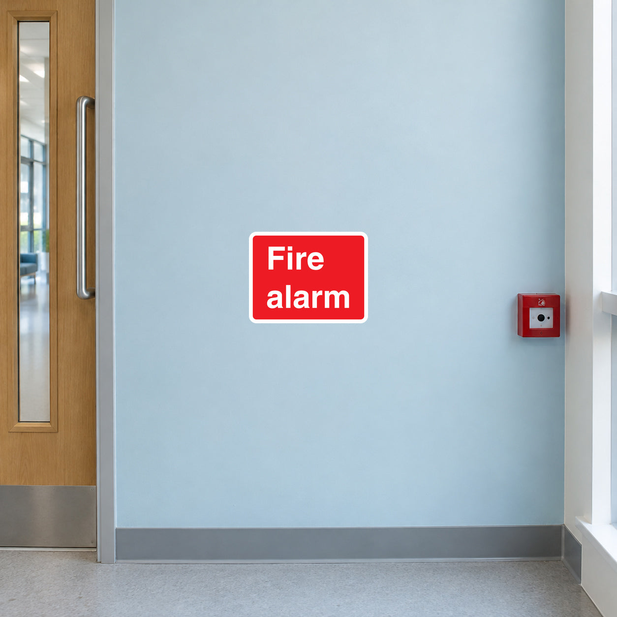 Red fire alarm text sticker with white border and bold white lettering