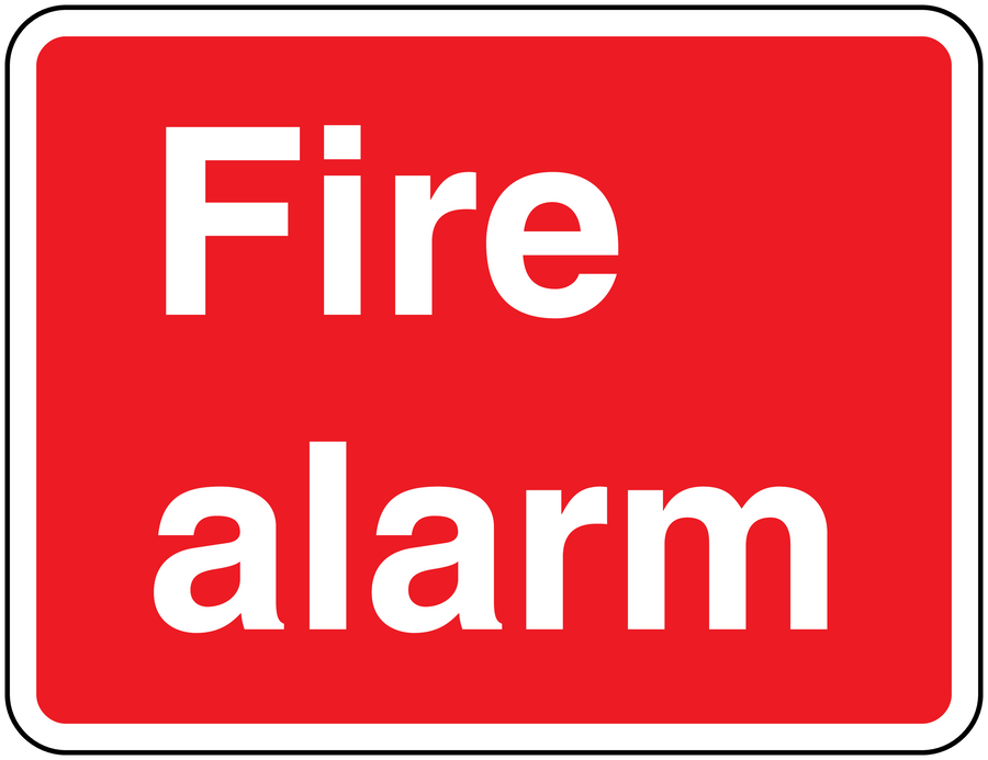 Red fire alarm text sticker with white Fire alarm lettering and white border