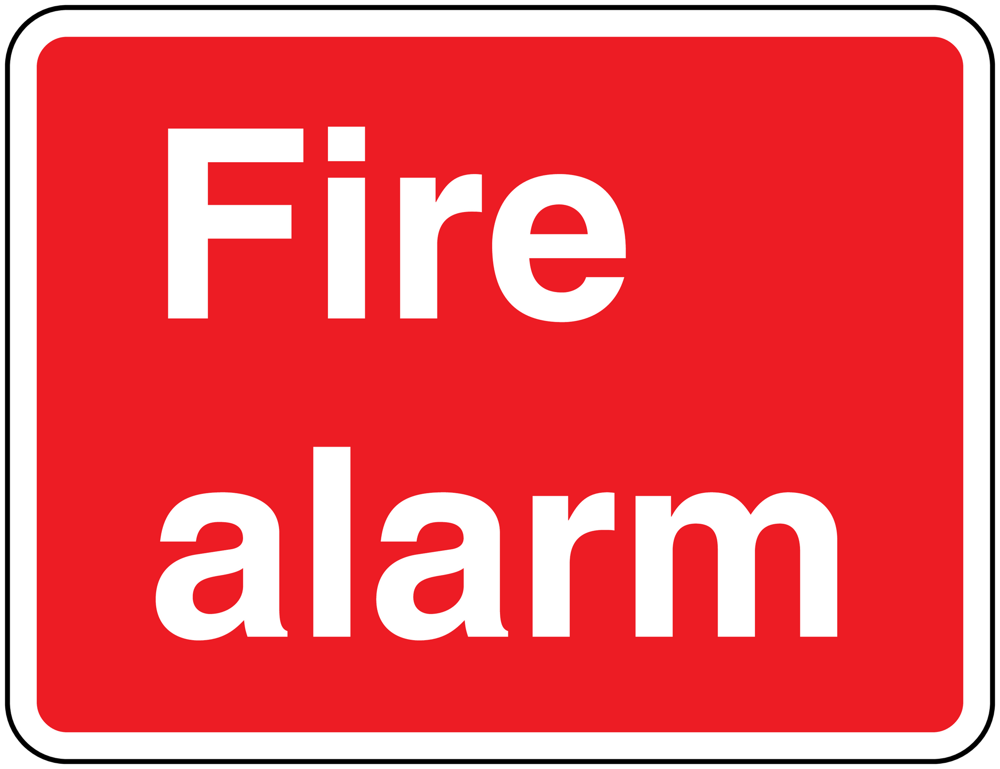 Red fire alarm text sticker with white Fire alarm lettering and white border