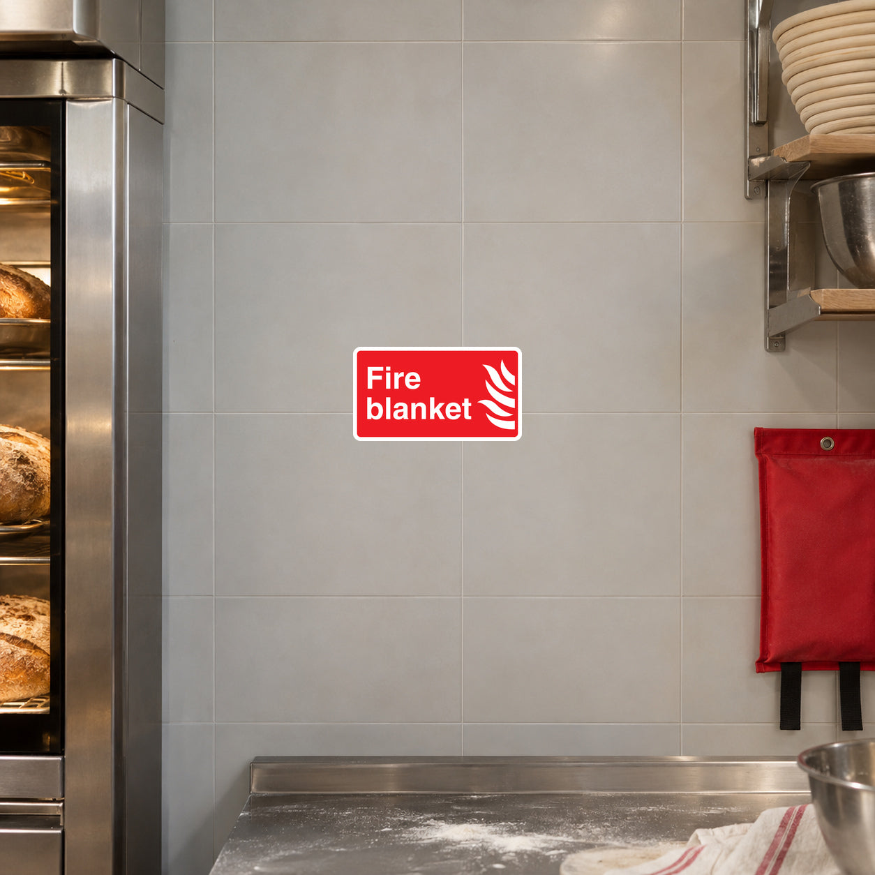 Fire blanket warning sticker with red text and flame icon