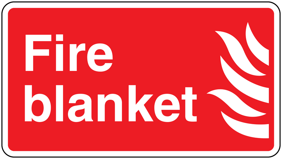 Fire blanket sticker, red rectangular design with white “Fire blanket” text and flame icon