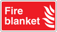 Fire blanket sticker, red rectangular design with white “Fire blanket” text and flame icon