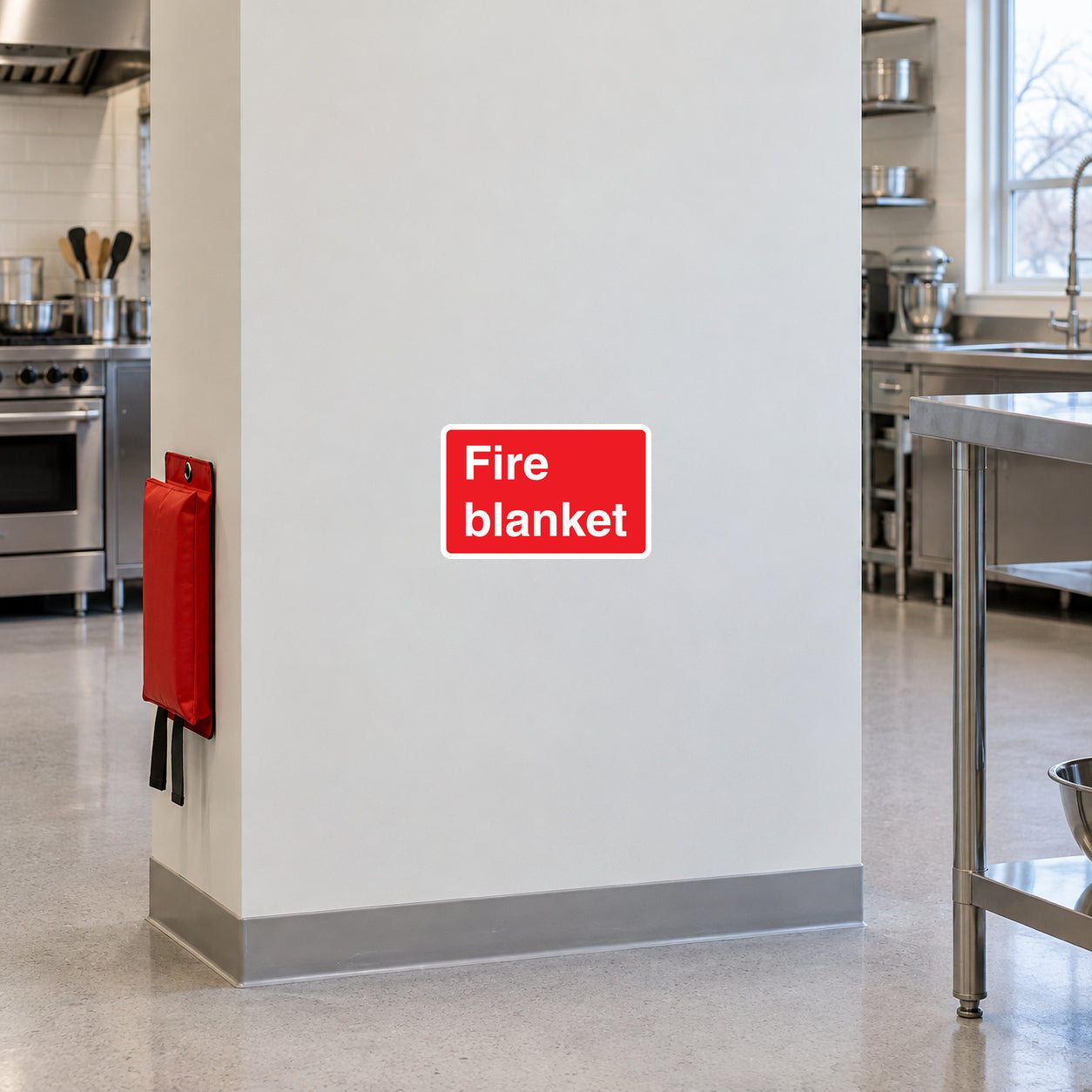 Fire blanket text sticker with red label reading "Fire blanket"