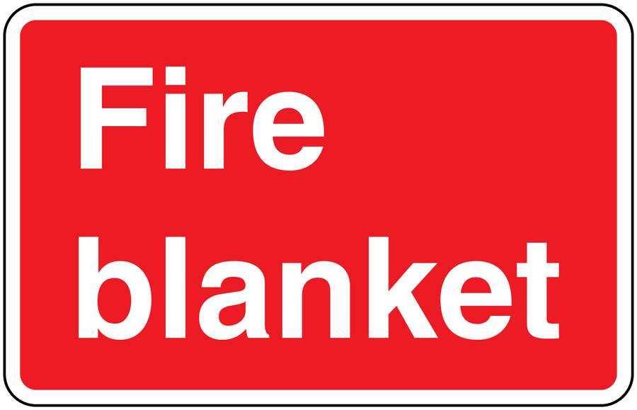 Fire blanket text sticker, red with white border and 'Fire blanket' lettering